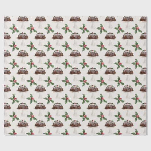 Festive Holly Berry Christmas Pudding Geschenkpapier (Flach)