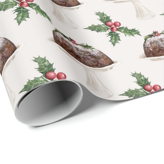 Festive Holly Berry Christmas Pudding Geschenkpapier (Rolleneckpunkt)
