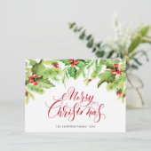 Festive Holly Berry Mistletoe Weihnachtsgrüße Feiertagskarte (Stehend Vorderseite)