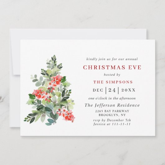 Festive Holly Berry Tree HOLIDAY CHRISTMAS EVE Einladung (Vorderseite)