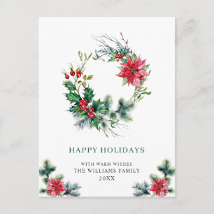 Festive Holly Berry Wreath Frohe Weihnachtsfeierta Postkarte
