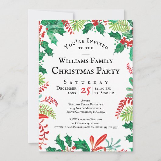 Festive Holly Christmas Red Green Party Invitation Einladung (Vorderseite)