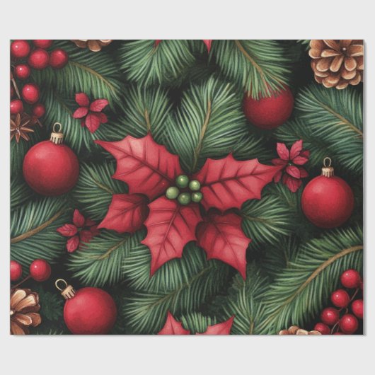 Festive Holly & Pine Christmas Wrapping Paper Geschenkpapier (Flach)