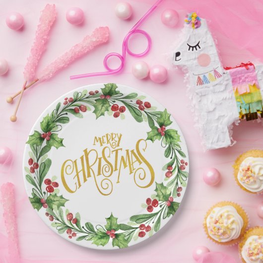 Festive Holly Wreath - Gold Foil Frohe Weihnachten Pappteller (Party)