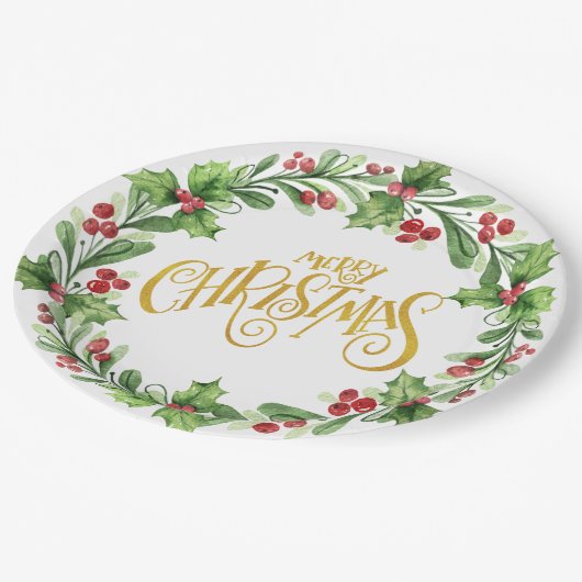 Festive Holly Wreath - Gold Foil Frohe Weihnachten Pappteller (Schrägansicht)