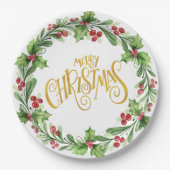 Festive Holly Wreath - Gold Foil Frohe Weihnachten Pappteller (Vorderseite)