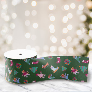 Festive Hunde Ice Skaten Pattern Weihnachten Grün Ripsband