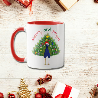 Festive Merry and Bright Christmas Tree Peacock Tasse