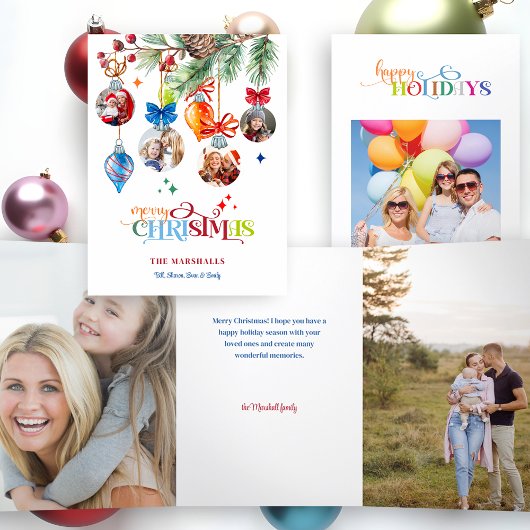 Festive Merry Christmas Pine & Baubles 4 Photo Dreifach Gefaltete Karte