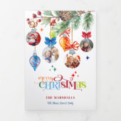 Festive Merry Christmas Pine & Baubles 4 Photo Dreifach Gefaltete Karte (Cover)
