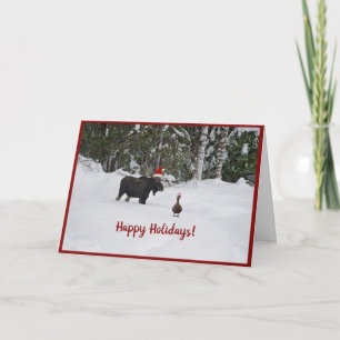 Festive Moose in snow with duck holiday card Dankeskarte