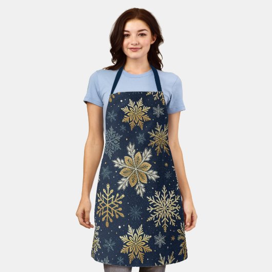 Festive Navy Blue & Gold Snowflake Pattern Schürze (Getragen)