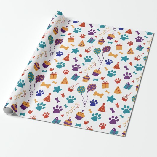 Festive Paw Prints & Party Treats Pet Anniversary Geschenkpapier (Ungerollt)