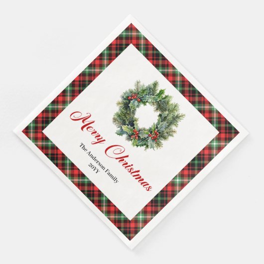 Festive Pine Wreath Christmas Napkins Custom Text Serviette (Ecke)