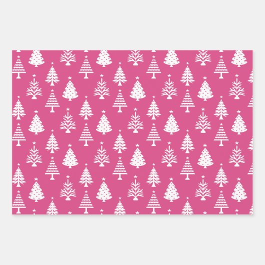 Festive Pink and White Christmas Tree Pattern Geschenkpapier Set (Vorderseite)
