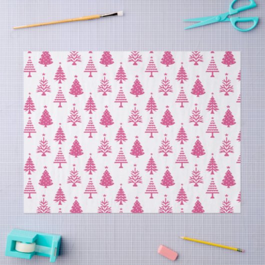 Festive Pink and White Christmas Tree Pattern Seidenpapier (Basteln)