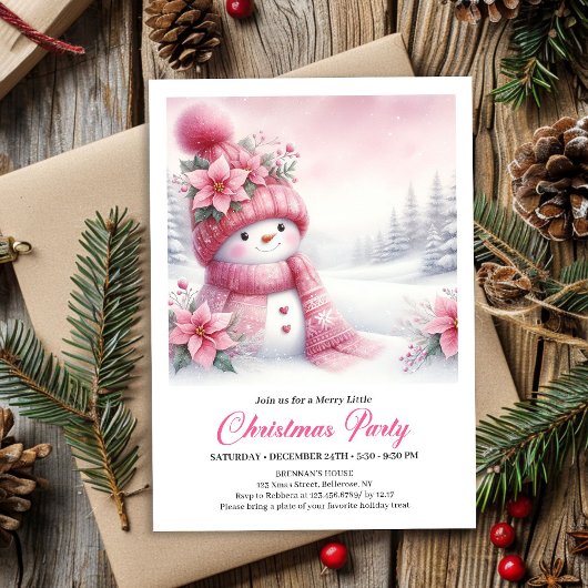 Festive Pink Snowman Kids Christmas Invite Digital Einladung