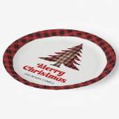Festive Plaid Christmas Tree Custom Name Paper Pappteller (Schrägansicht)