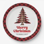 Festive Plaid Christmas Tree Custom Name Paper Pappteller (Vorderseite)