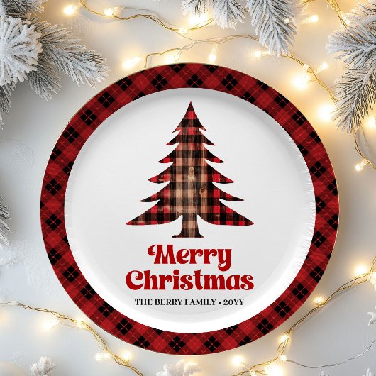 Festive Plaid Christmas Tree Custom Name Paper Pappteller