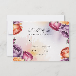 Festive Purple Orange and Red Roses Wedding RSVP Karte