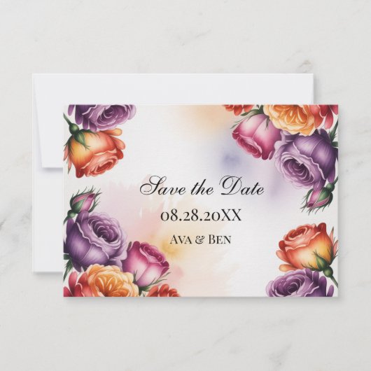 Festive Purple Orange and Red Roses Wedding Save The Date (Vorderseite)