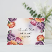 Festive Purple Orange and Red Roses Wedding Save The Date (Stehend Vorderseite)