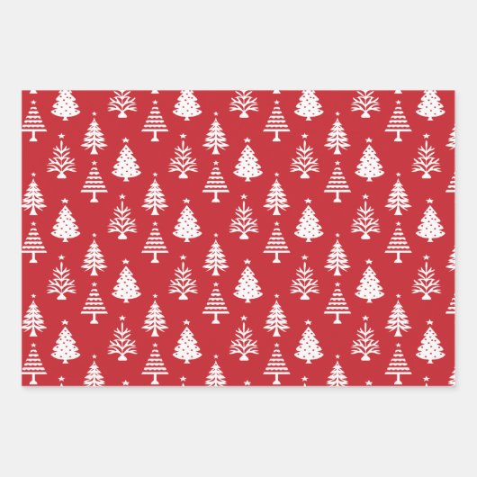 Festive Red and White Christmas Tree Pattern Geschenkpapier Set (Vorderseite)