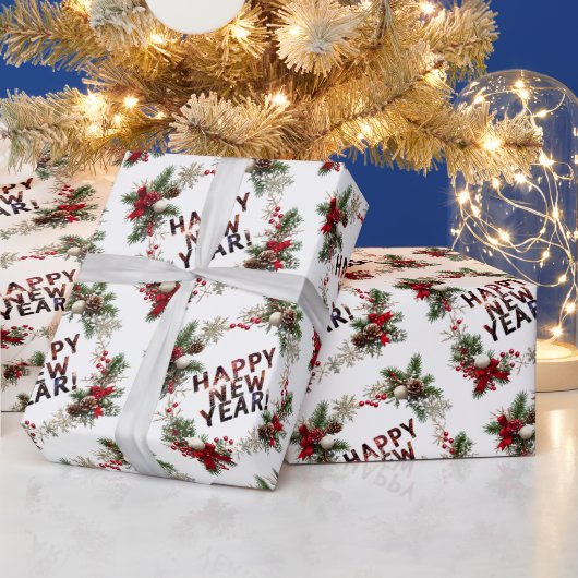 Festive Red Berries Happy New Year Pattern Geschenkpapier (Feiertage)