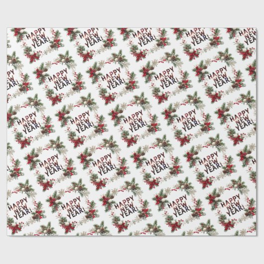  Festive Red Berries Happy New Year Pattern Geschenkpapier (Flach)