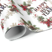  Festive Red Berries Happy New Year Pattern Geschenkpapier (Rolleneckpunkt)
