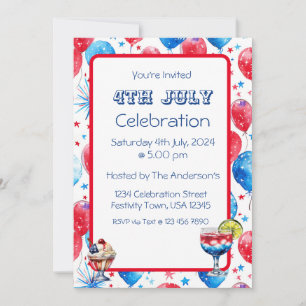 Festive Red Blue Balloons 4th July Invitation Card Einladung