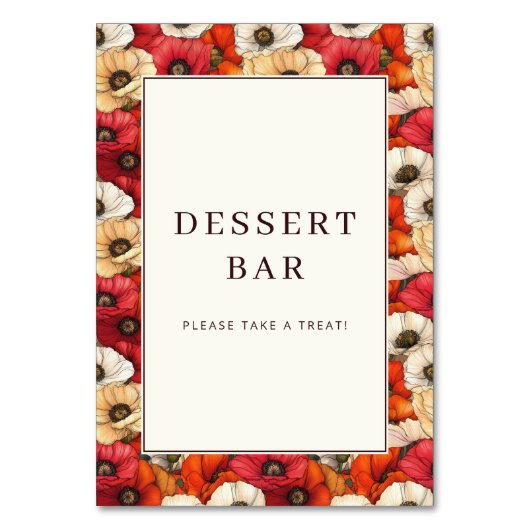 Festive Red Floral Dessert Bar Sign Tischnummer (Vorderseite)