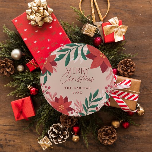 Festive Red Flowers Merry Christmas Gift Runder Aufkleber