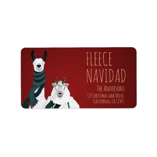 Festive Red Funny Llama & Sheep ‘Fleece Navidad’  Adressaufkleber (Vorne)
