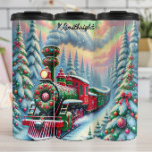 Festive Red Green Forest Train Thermosbecher