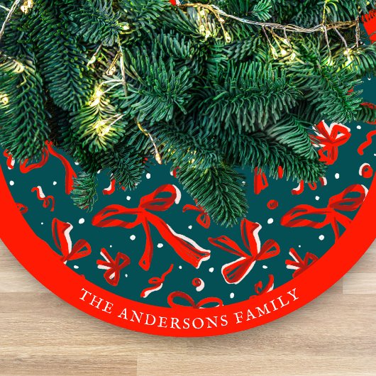 Festive Red & Green Hand Drawn Bows and Ribbons Fleece Weihnachtsbaumdecke