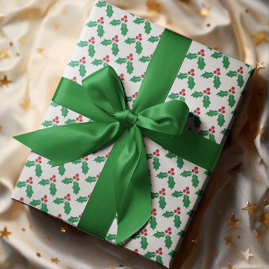 Festive Red Green Holly Leaves Berries Holiday  Geschenkpapier