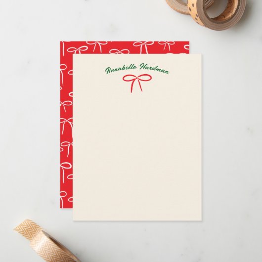 Festive Red Simple Bow n Name Personal Stationery Mitteilungskarte (Vorderseite/Rückseite Beispiel)