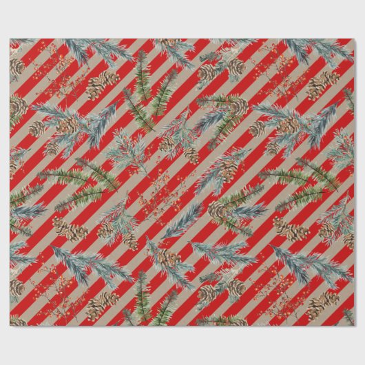 Festive Red Stripe Pine Spruce Cones Kraft Holiday Geschenkpapier (Flach)
