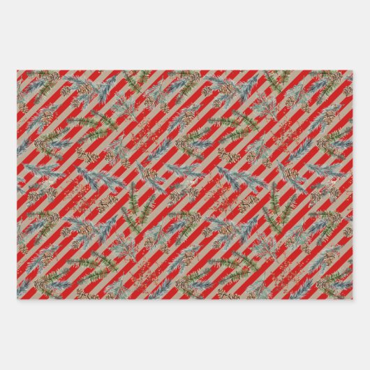 Festive Red Stripe Pine Spruce Cones Kraft Holiday Geschenkpapier Set (Vorderseite 3)