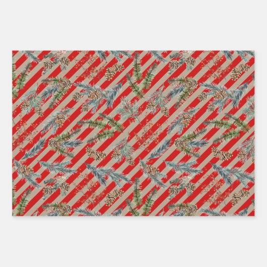 Festive Red Stripe Pine Spruce Cones Kraft Holiday Geschenkpapier Set (Vorderseite 2)