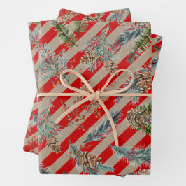 Festive Red Stripe Pine Spruce Cones Kraft Holiday Geschenkpapier Set