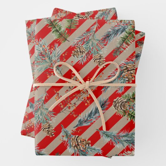Festive Red Stripe Pine Spruce Cones Kraft Holiday Geschenkpapier Set (Beispiel)