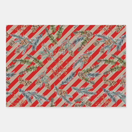 Festive Red Stripe Pine Spruce Cones Kraft Holiday Geschenkpapier Set (Vorderseite)
