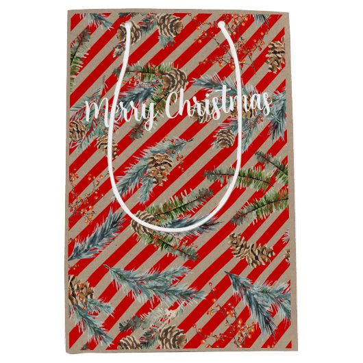 Festive Red Stripe Pine Spruce Cones Kraft Holiday Mittlere Geschenktüte (Vorderseite)