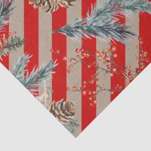 Festive Red Stripe Pine Spruce Cones Kraft Holiday Seidenpapier (Ausschnitt)
