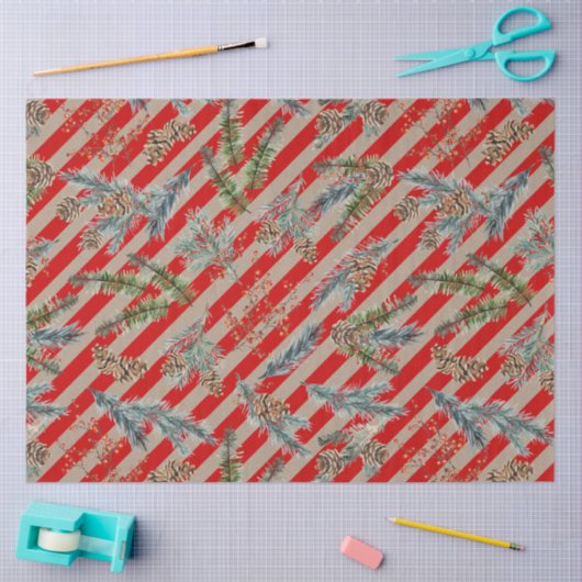 Festive Red Stripe Pine Spruce Cones Kraft Holiday Seidenpapier (Basteln)