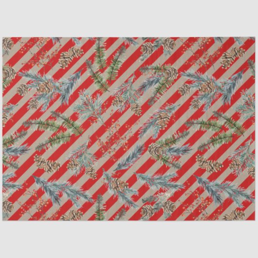 Festive Red Stripe Pine Spruce Cones Kraft Holiday Seidenpapier (Vorderseite)