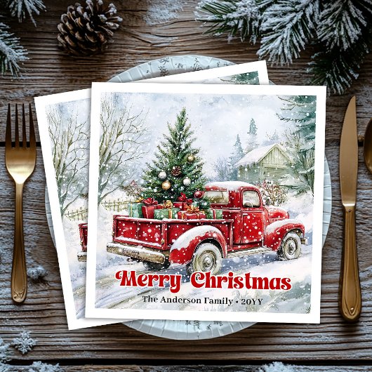 Festive red truck Christmas scene rustic table Serviette